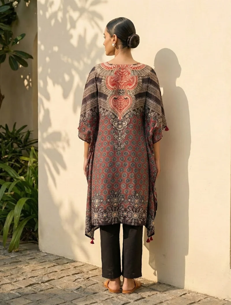 ترو برونز trueBrowns Maroon Black Print Embroidered Kaftan Kurta Pant Set